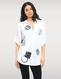 Abstract Print Stretch Cotton Shirt Roll-Up 3/4 Sleeves & Side Hem Tabs by Goa