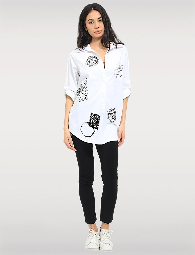 Abstract Print Stretch Cotton Shirt Roll-Up 3/4 Sleeves & Side Hem Tabs by Goa