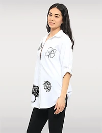 Abstract Print Stretch Cotton Shirt Roll-Up 3/4 Sleeves & Side Hem Tabs by Goa