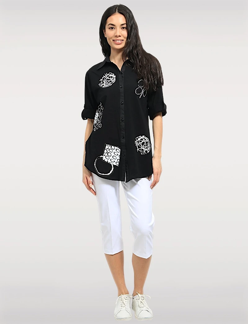 Abstract Print Stretch Cotton Shirt Roll-Up 3/4 Sleeves & Side Hem Tabs by Goa