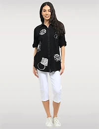 Abstract Print Stretch Cotton Shirt Roll-Up 3/4 Sleeves & Side Hem Tabs by Goa