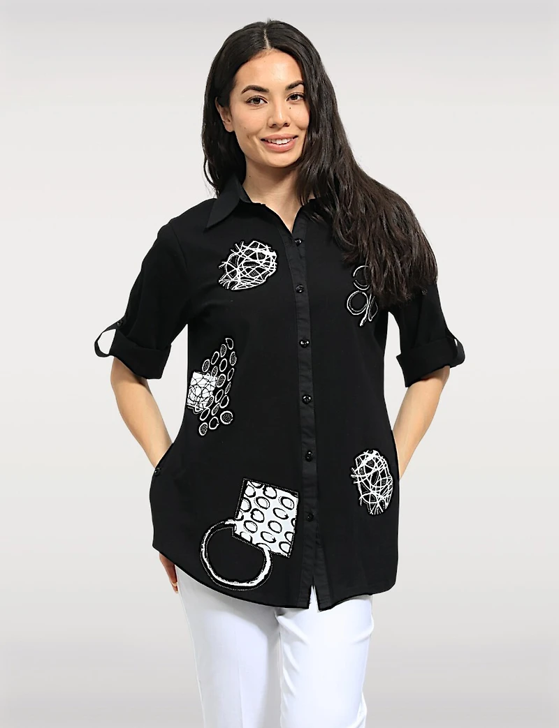 Abstract Print Stretch Cotton Shirt Roll-Up 3/4 Sleeves & Side Hem Tabs by Goa