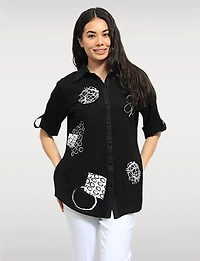 Abstract Print Stretch Cotton Shirt Roll-Up 3/4 Sleeves & Side Hem Tabs by Goa