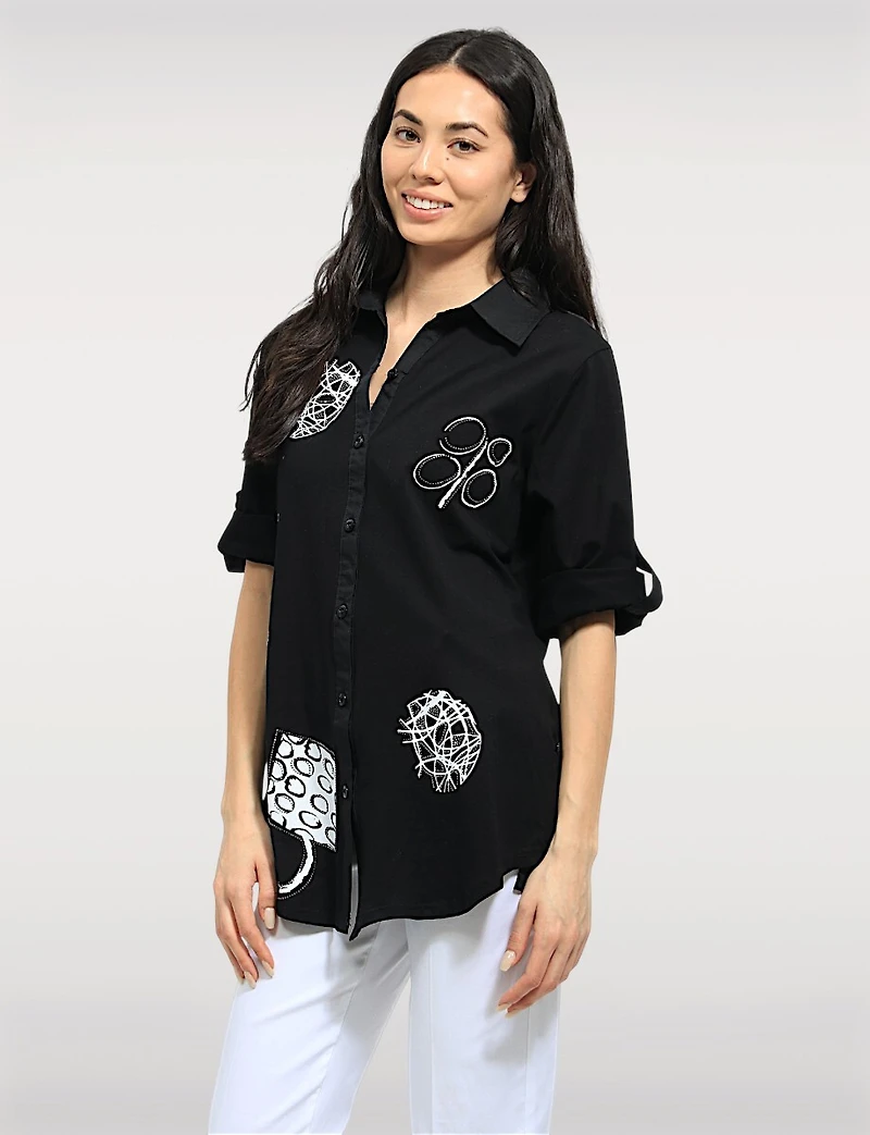 Abstract Print Stretch Cotton Shirt Roll-Up 3/4 Sleeves & Side Hem Tabs by Goa