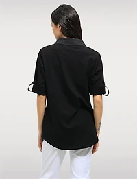 Abstract Print Stretch Cotton Shirt Roll-Up 3/4 Sleeves & Side Hem Tabs by Goa