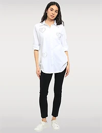 Heart-Adorned Stretch Cotton Shirt with Roll-Up 3/4 Sleeves & Rounded Hem by Goa