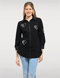 Heart-Adorned Stretch Cotton Shirt with Roll-Up 3/4 Sleeves & Rounded Hem by Goa