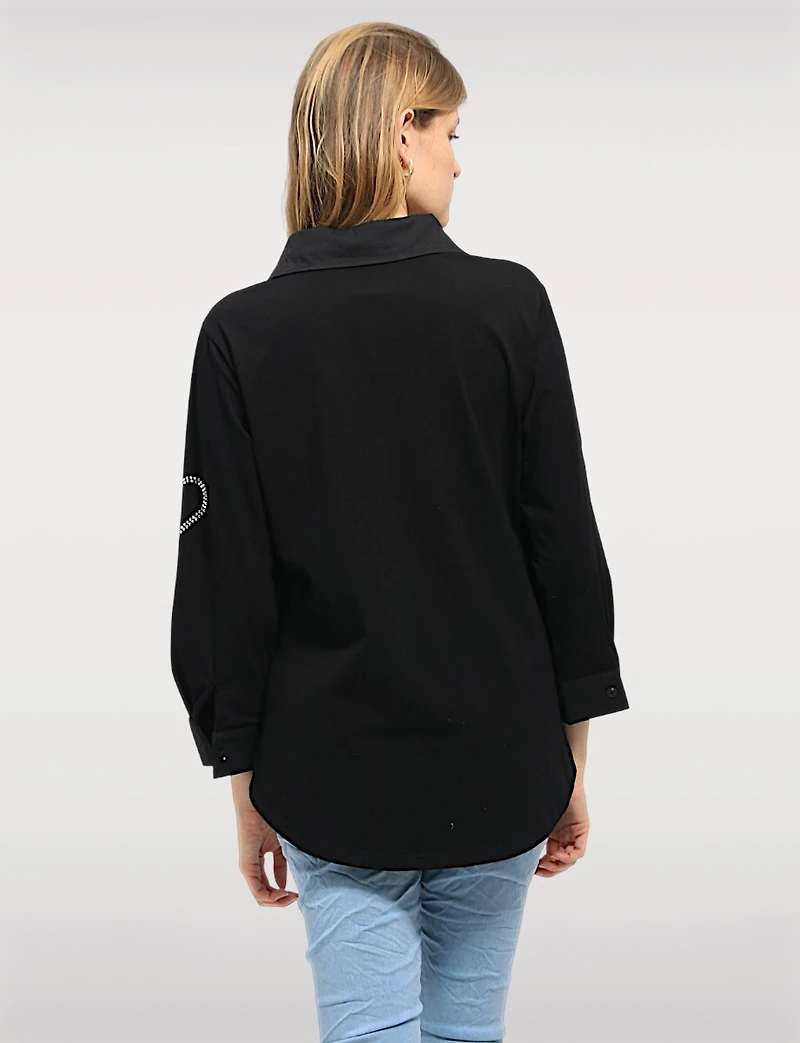 Heart-Adorned Stretch Cotton Shirt with Roll-Up 3/4 Sleeves & Rounded Hem by Goa