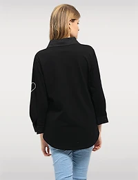 Heart-Adorned Stretch Cotton Shirt with Roll-Up 3/4 Sleeves & Rounded Hem by Goa