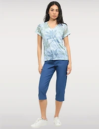 Lightweight Semi-Sheer Top with Crochet Sleeves – V-Neck Tropical Print by Moffi