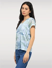 Lightweight Semi-Sheer Top with Crochet Sleeves – V-Neck Tropical Print by Moffi