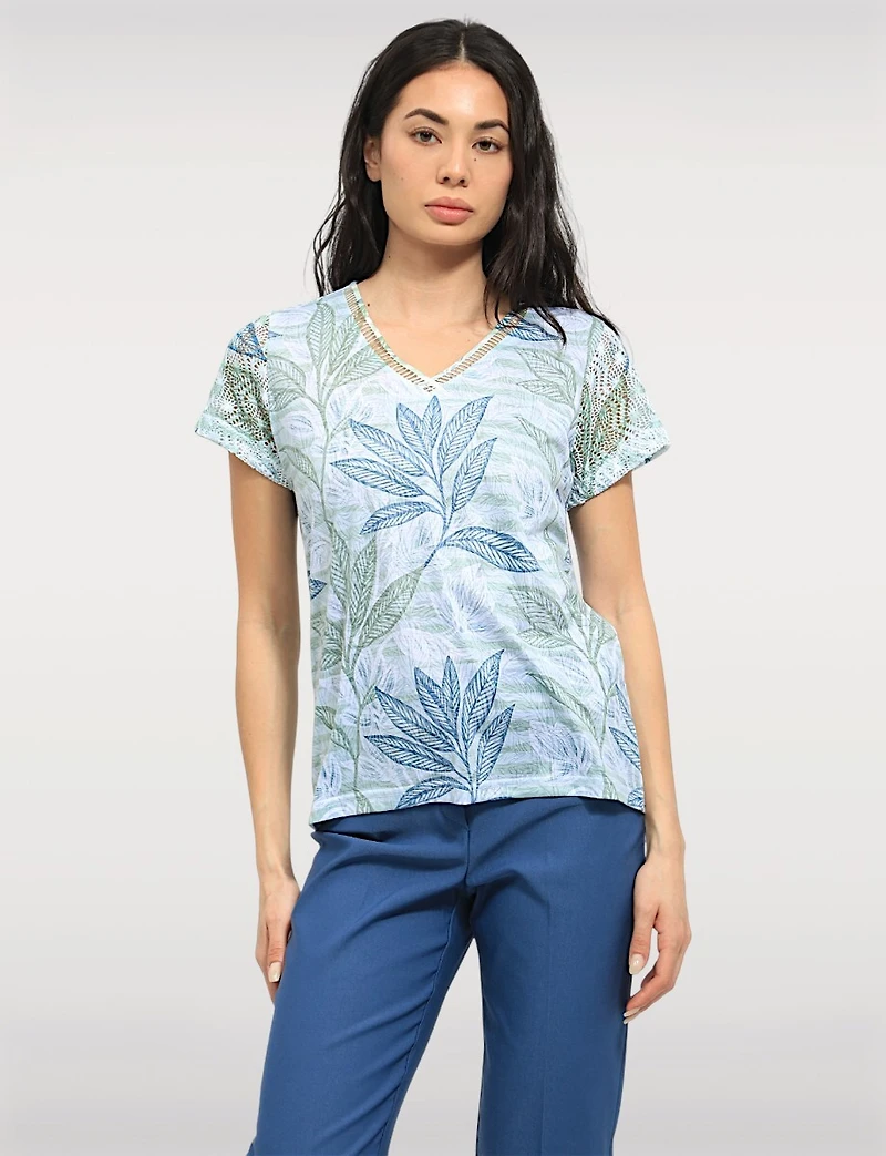 Lightweight Semi-Sheer Top with Crochet Sleeves – V-Neck Tropical Print by Moffi