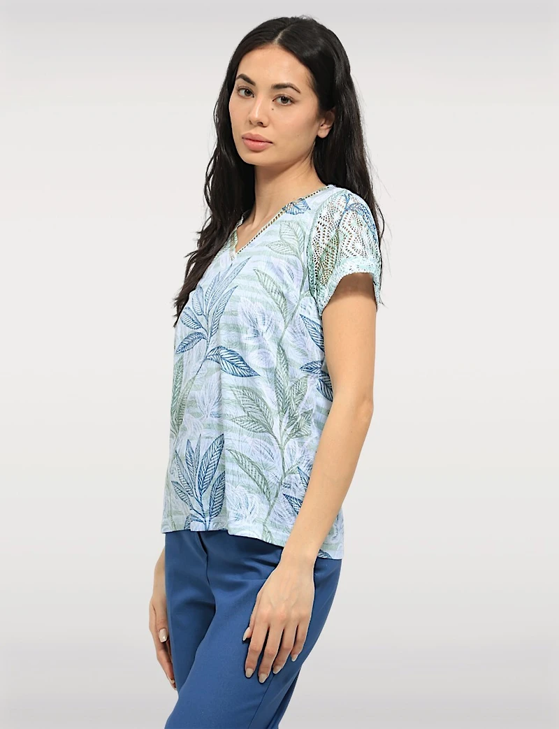 Lightweight Semi-Sheer Top with Crochet Sleeves – V-Neck Tropical Print by Moffi