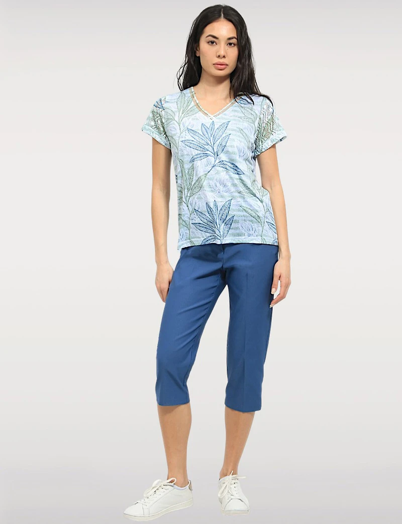 Lightweight Semi-Sheer Top with Crochet Sleeves – V-Neck Tropical Print by Moffi