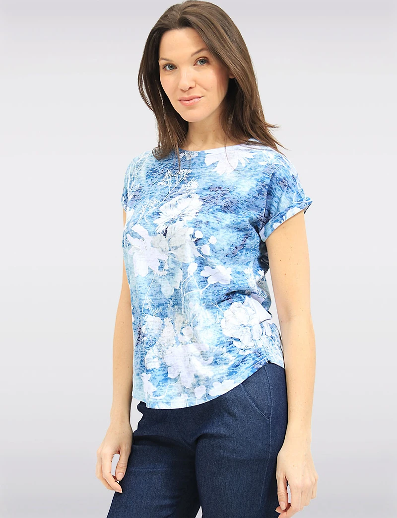 Lightweight Sheer Knit Floral Print Chic Cap-Sleeve Round Neck Top by Moffi