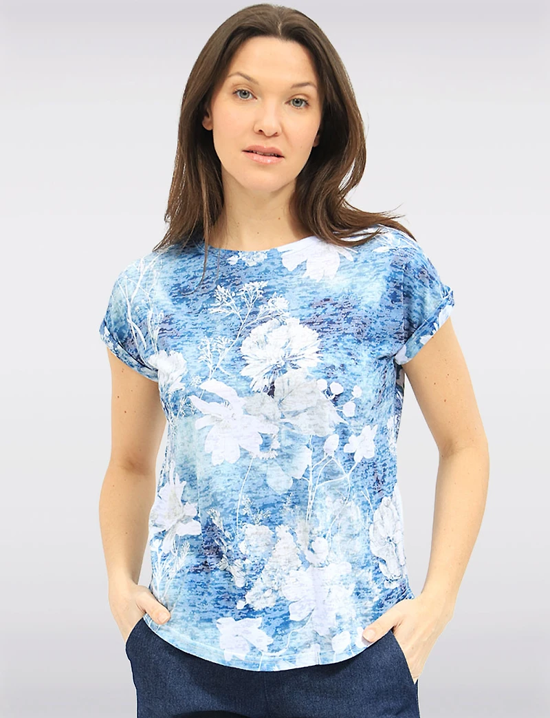 Lightweight Sheer Knit Floral Print Chic Cap-Sleeve Round Neck Top by Moffi