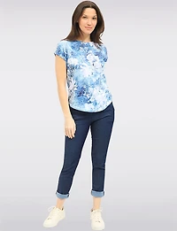 Lightweight Sheer Knit Floral Print Chic Cap-Sleeve Round Neck Top by Moffi