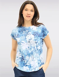 Lightweight Sheer Knit Floral Print Chic Cap-Sleeve Round Neck Top by Moffi