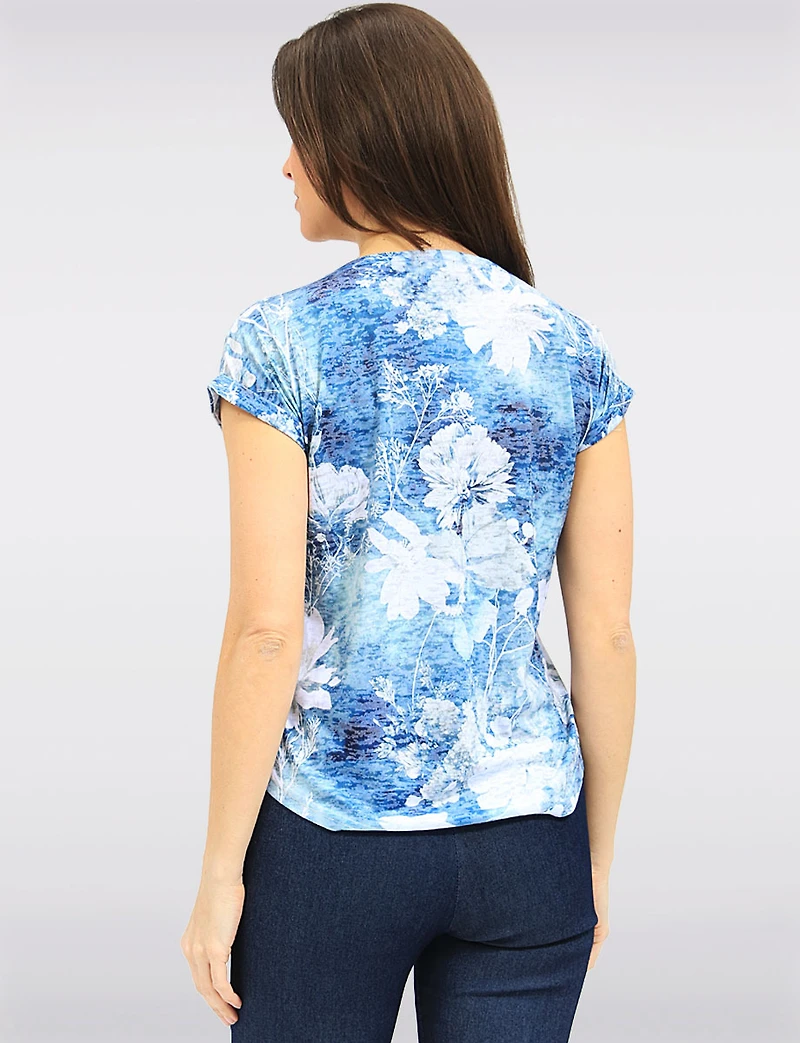 Lightweight Sheer Knit Floral Print Chic Cap-Sleeve Round Neck Top by Moffi