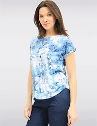 Lightweight Sheer Knit Floral Print Chic Cap-Sleeve Round Neck Top by Moffi