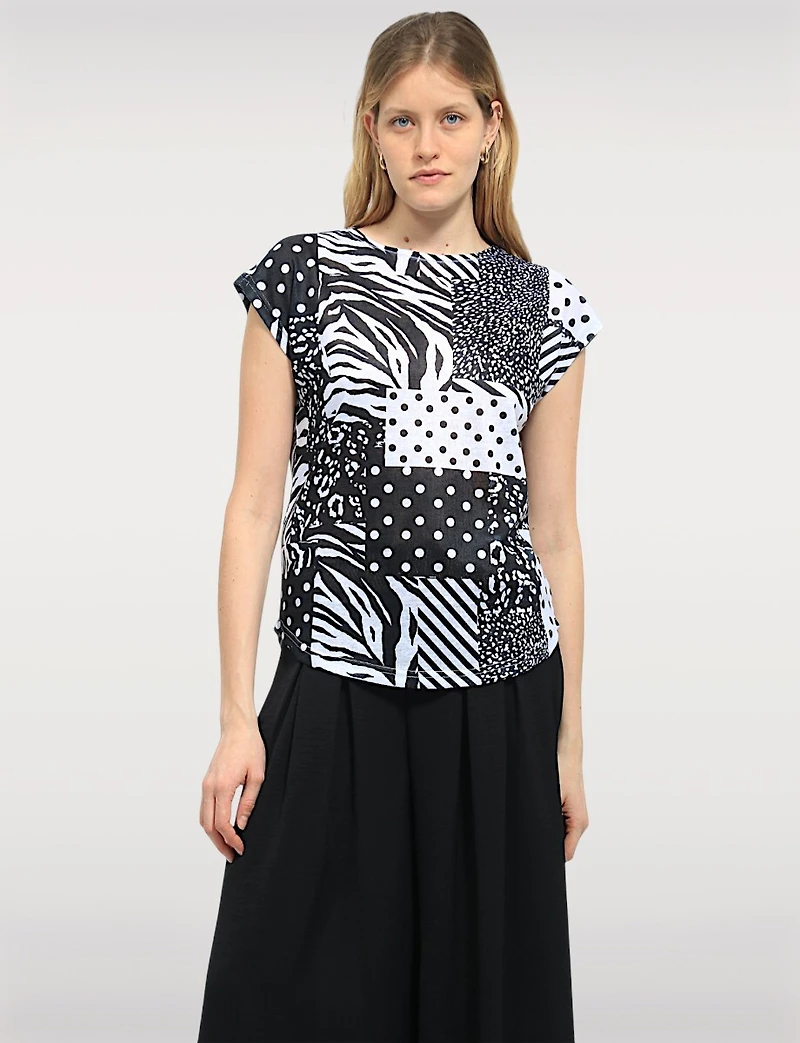 Chic B&W Sheer Cap Sleeve Top with Crochet Detailing – Playful Print by Moffi