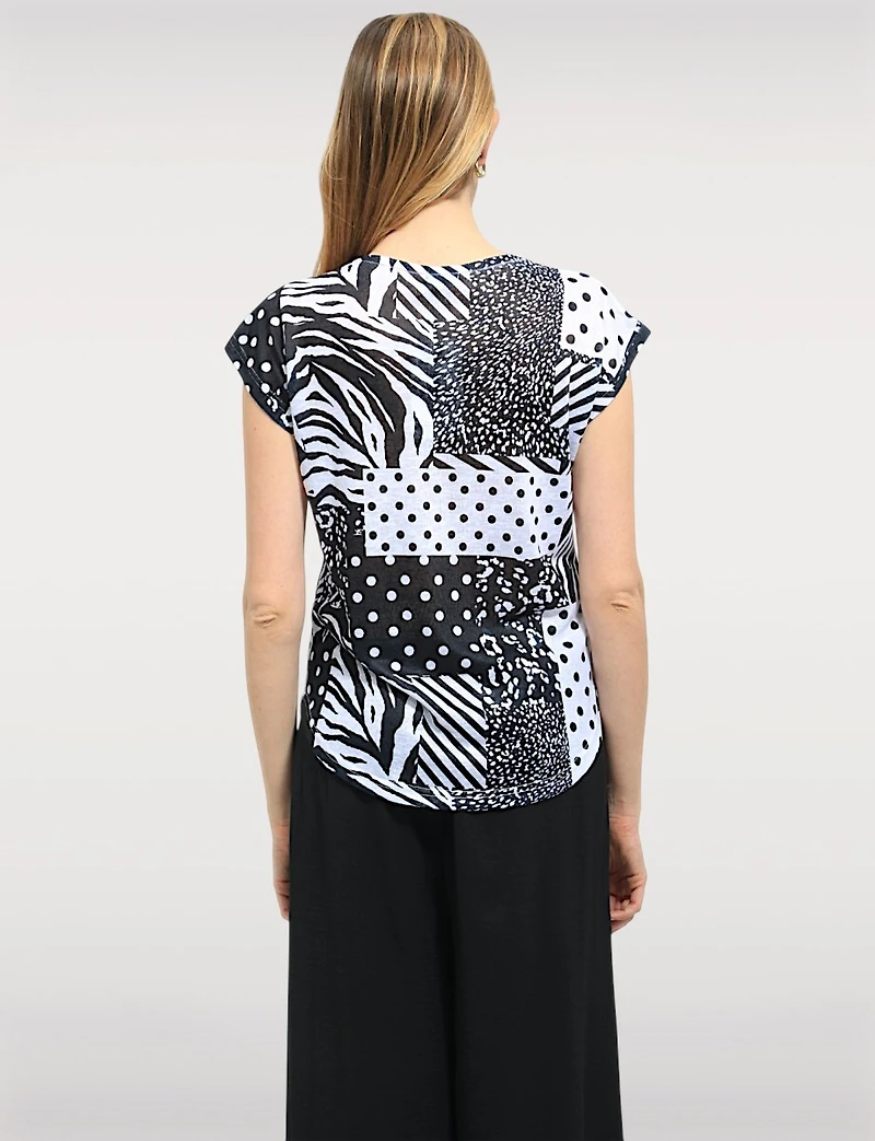 Chic B&W Sheer Cap Sleeve Top with Crochet Detailing – Playful Print by Moffi