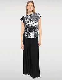 Chic B&W Sheer Cap Sleeve Top with Crochet Detailing – Playful Print by Moffi
