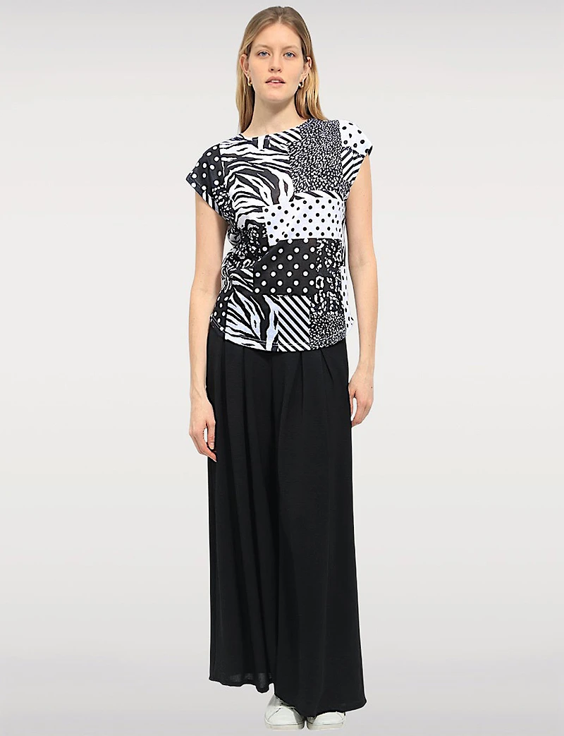 Chic B&W Sheer Cap Sleeve Top with Crochet Detailing – Playful Print by Moffi