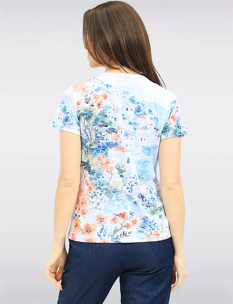 Moffi Lightweight Textured Printed Knit Top With Short Sleeves & Round Neck