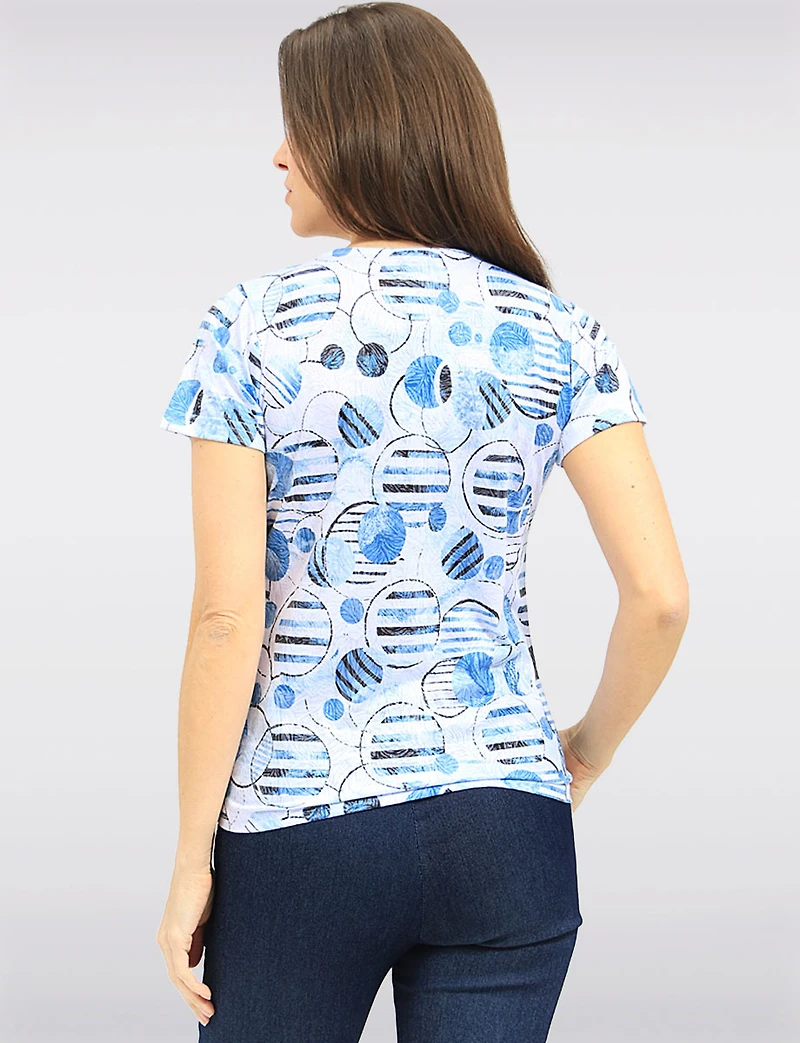 Chic Lightweight Short Sleeve Crew Neck Top with Circle Pattern Print by Moffi