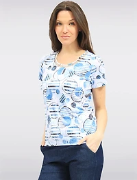 Chic Lightweight Short Sleeve Crew Neck Top with Circle Pattern Print by Moffi