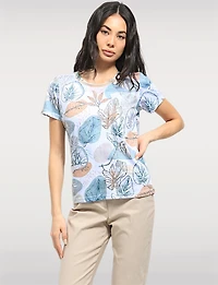Sheer Short Sleeve Printed Top with Cut-Out Neckline & Rhinestone Accents Moffi
