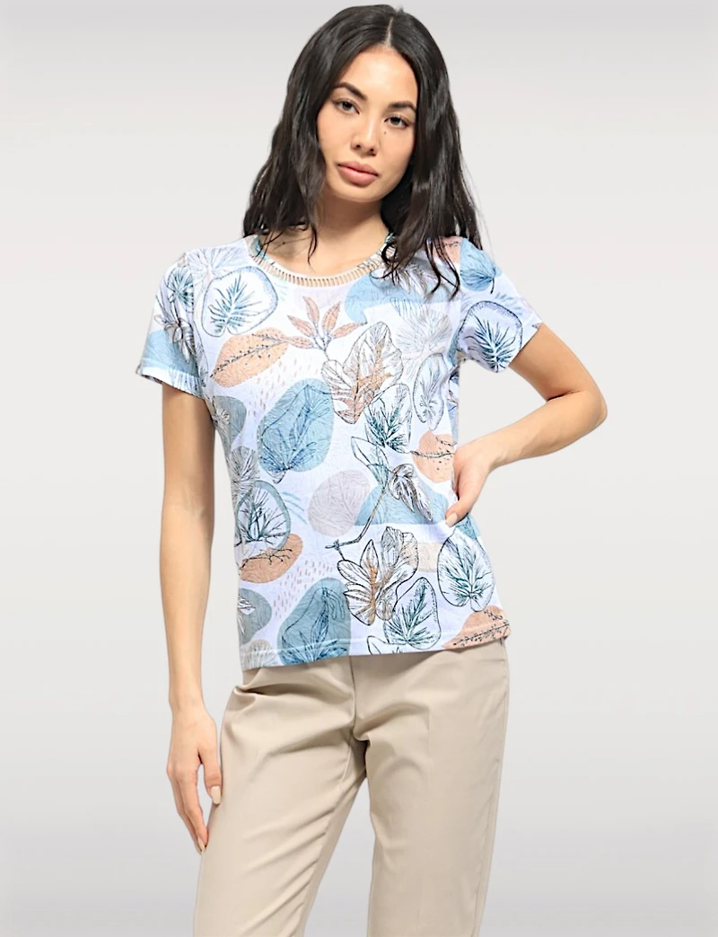 Sheer Short Sleeve Printed Top with Cut-Out Neckline & Rhinestone Accents Moffi