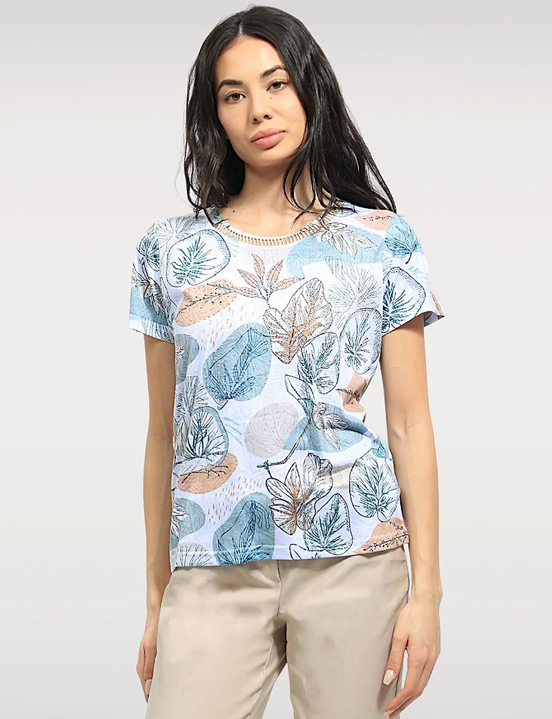 Sheer Short Sleeve Printed Top with Cut-Out Neckline & Rhinestone Accents Moffi