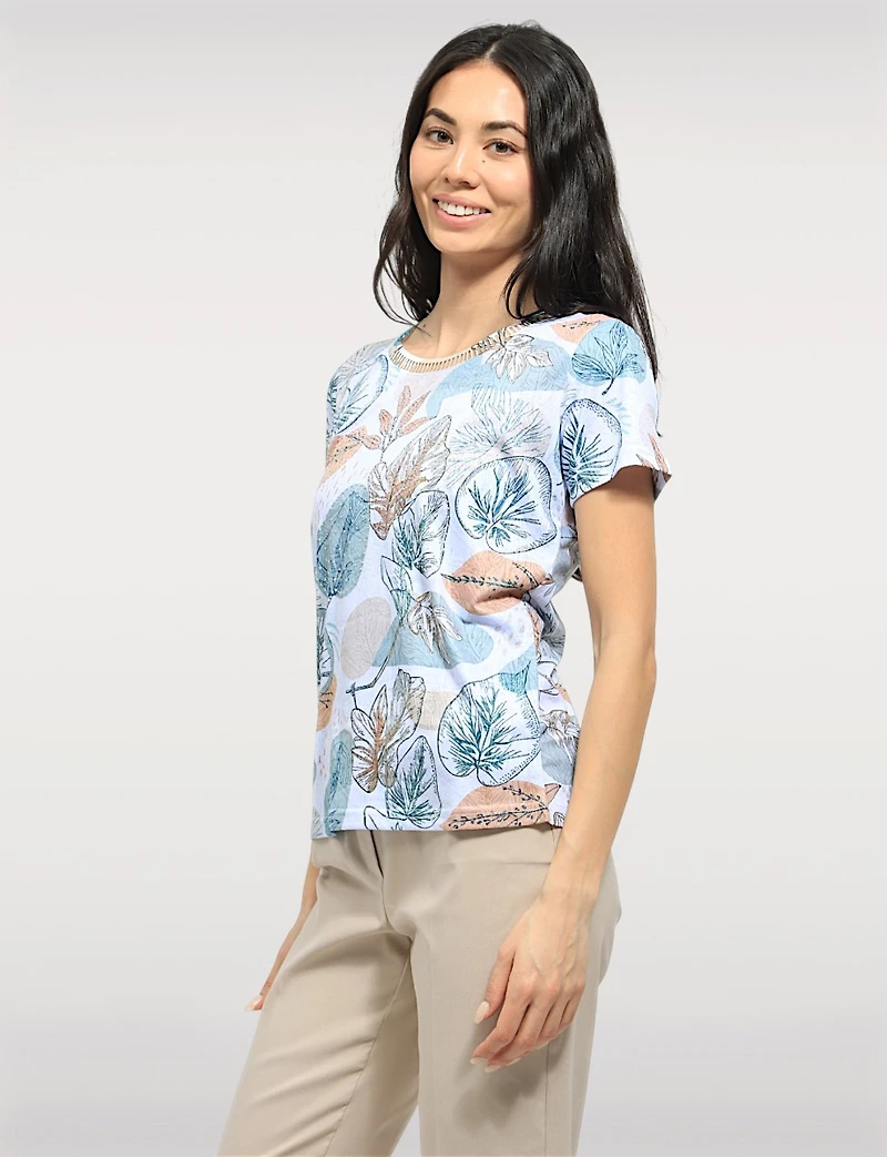 Sheer Short Sleeve Printed Top with Cut-Out Neckline & Rhinestone Accents Moffi