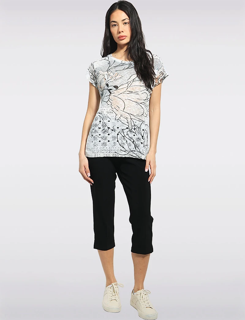 Lightweight Printed Cap Sleeve Round Neck Top With a Subtle Sparkle by Moffi