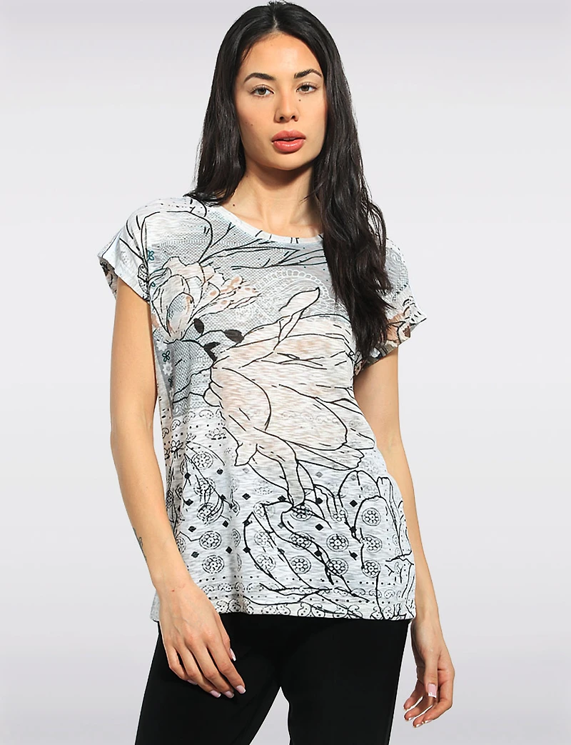 Lightweight Printed Cap Sleeve Round Neck Top With a Subtle Sparkle by Moffi