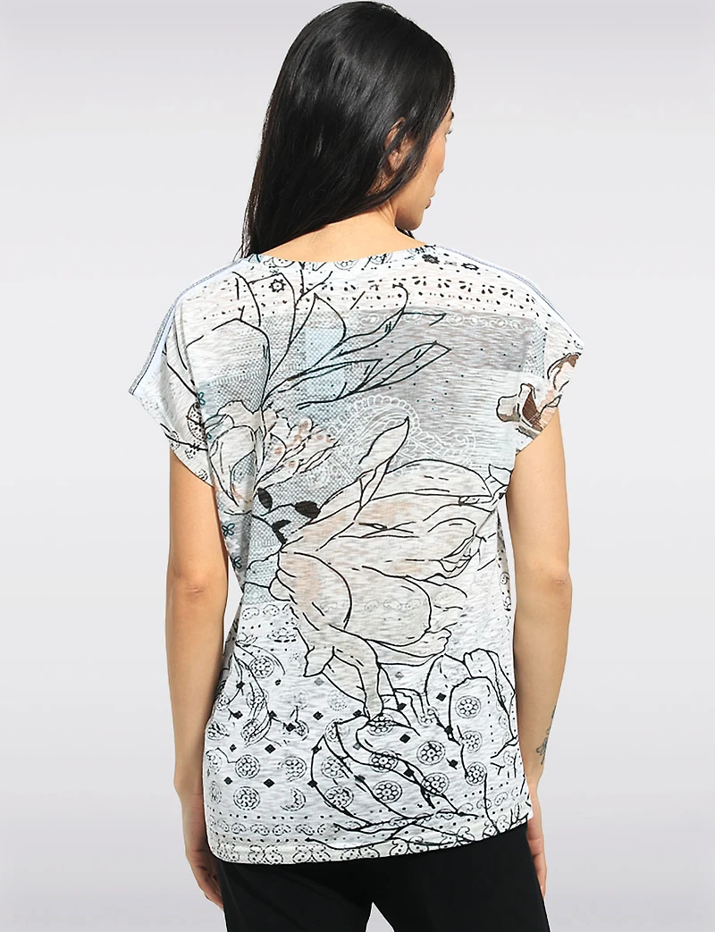 Lightweight Printed Cap Sleeve Round Neck Top With a Subtle Sparkle by Moffi