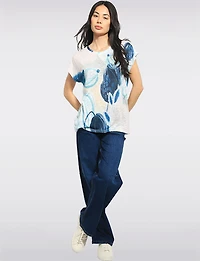 Lightweight Printed Textured Cap Sleeve Top With a Touch of Glitter by Moffi