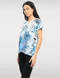Elegant Cap Sleeves Blue Abstract Print Sheer Knit Top & Split Neckline by Moffi