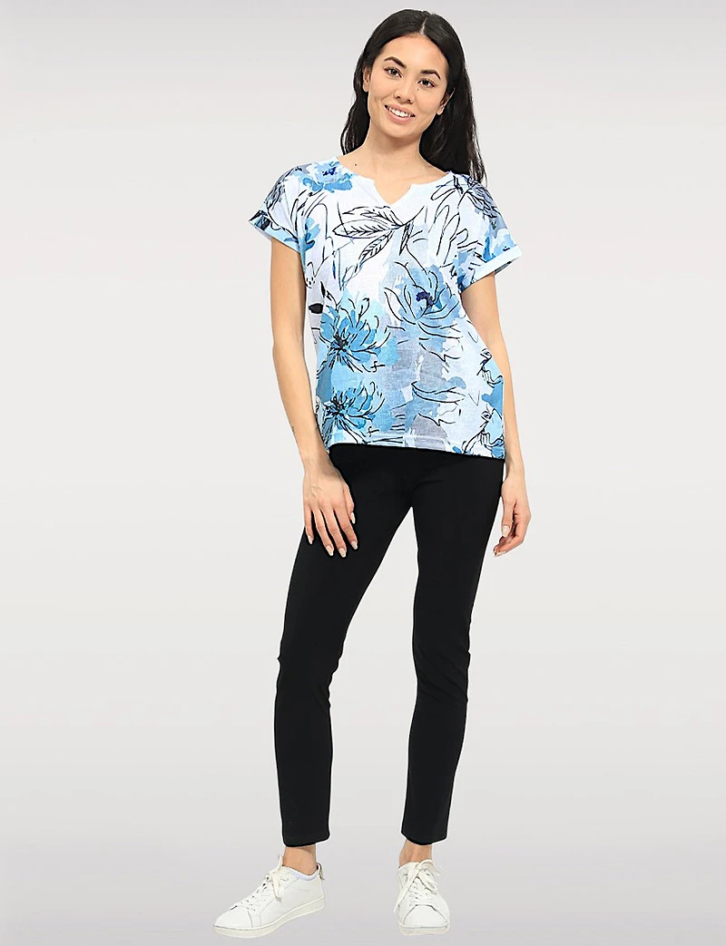 Elegant Cap Sleeves Blue Abstract Print Sheer Knit Top & Split Neckline by Moffi