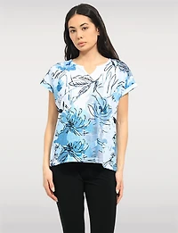 Elegant Cap Sleeves Blue Abstract Print Sheer Knit Top & Split Neckline by Moffi