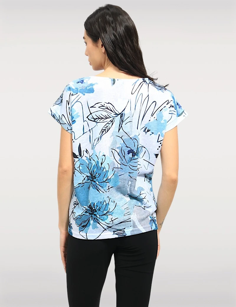 Elegant Cap Sleeves Blue Abstract Print Sheer Knit Top & Split Neckline by Moffi