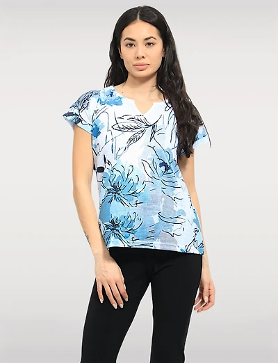 Elegant Cap Sleeves Blue Abstract Print Sheer Knit Top & Split Neckline by Moffi