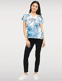 Elegant Cap Sleeves Blue Abstract Print Sheer Knit Top & Split Neckline by Moffi