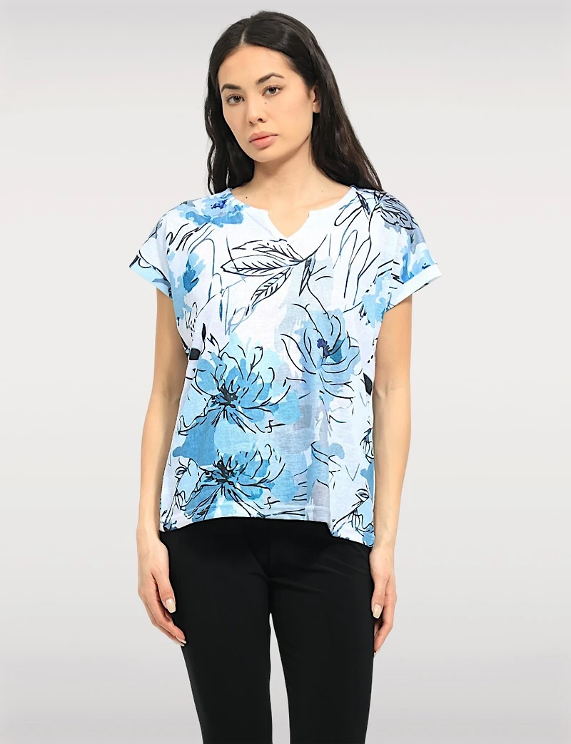 Elegant Cap Sleeves Blue Abstract Print Sheer Knit Top & Split Neckline by Moffi