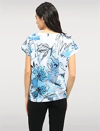 Elegant Cap Sleeves Blue Abstract Print Sheer Knit Top & Split Neckline by Moffi