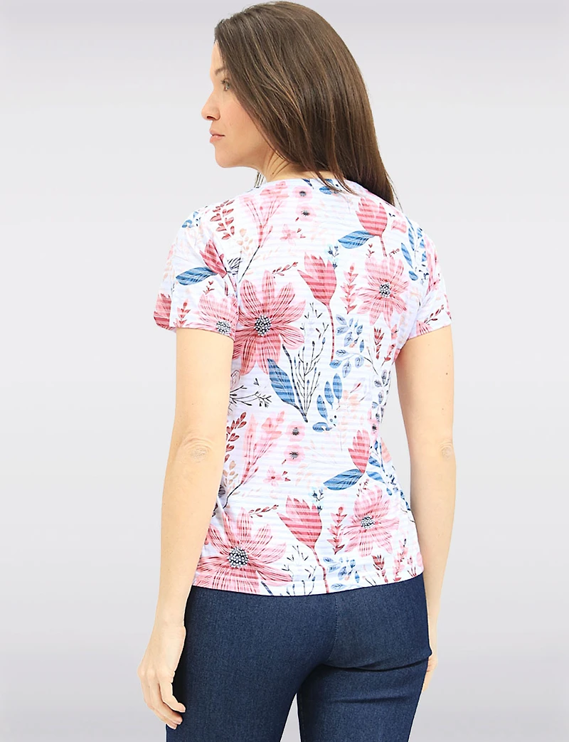 Lightweight Short Sleeve Knit Top - Floral Print & Rhinestone Details by Moffi