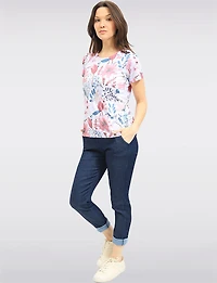 Lightweight Short Sleeve Knit Top - Floral Print & Rhinestone Details by Moffi