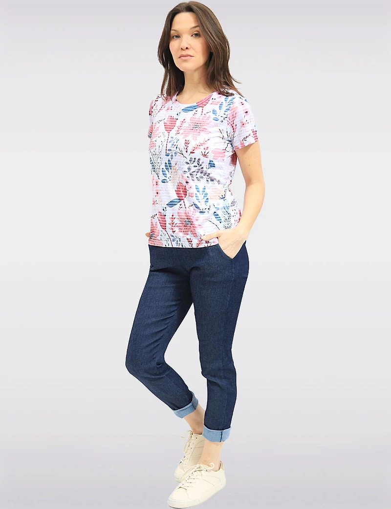 Lightweight Short Sleeve Knit Top - Floral Print & Rhinestone Details by Moffi
